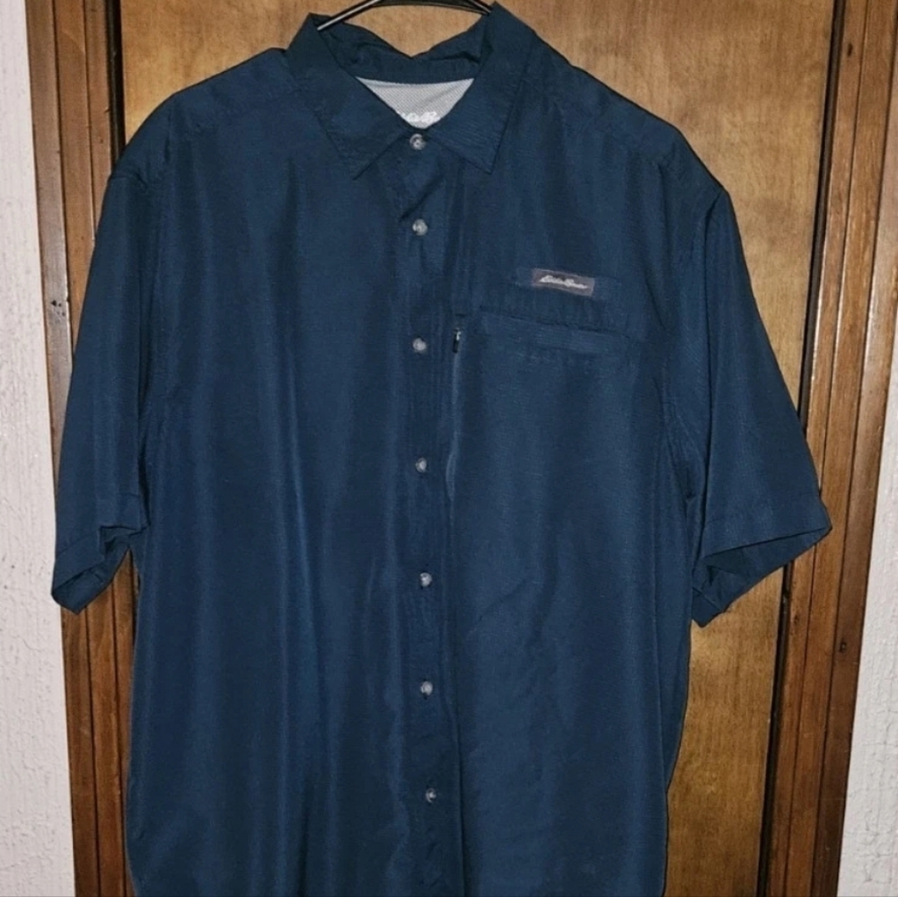 Eddie Bauer Short Sleeve Tech Woven Teal Fishing Vented Shirt Men's Size XL